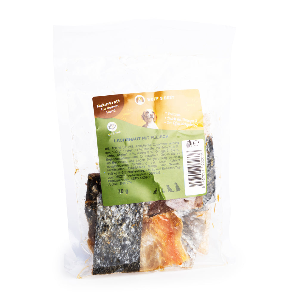 Getrocknete Lachshaut mit Fleisch für Hunde (70g oder 1.000g)